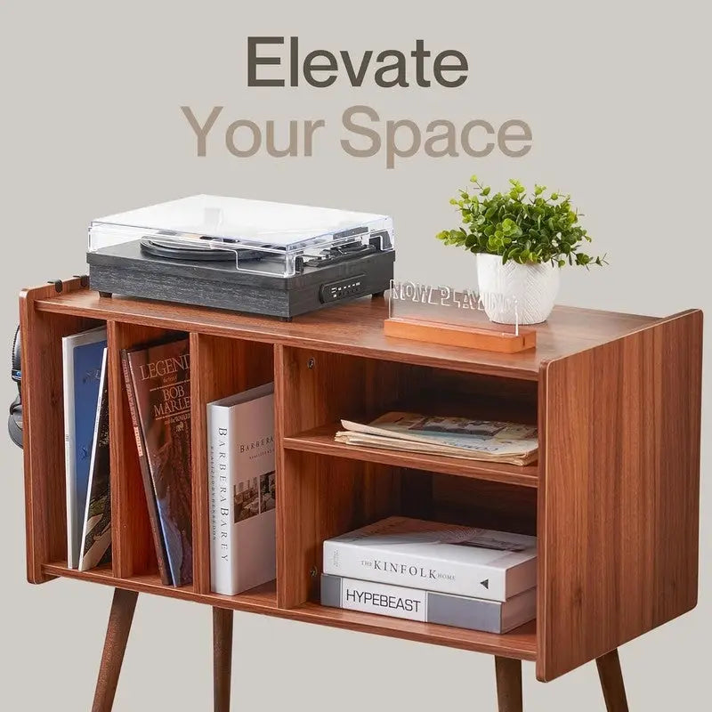 Vinyl Record Player Stand with Built-in Charging Station - Dimensions: 31D x 26W x 15H 12
