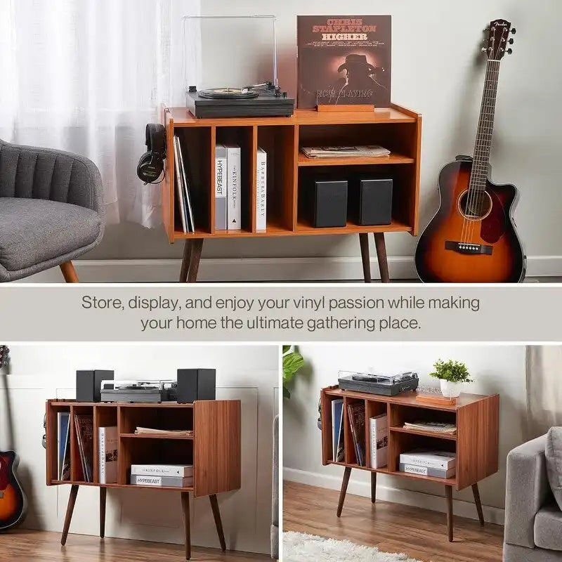 Vinyl Record Player Stand with Built-in Charging Station - Dimensions: 31D x 26W x 15H 13