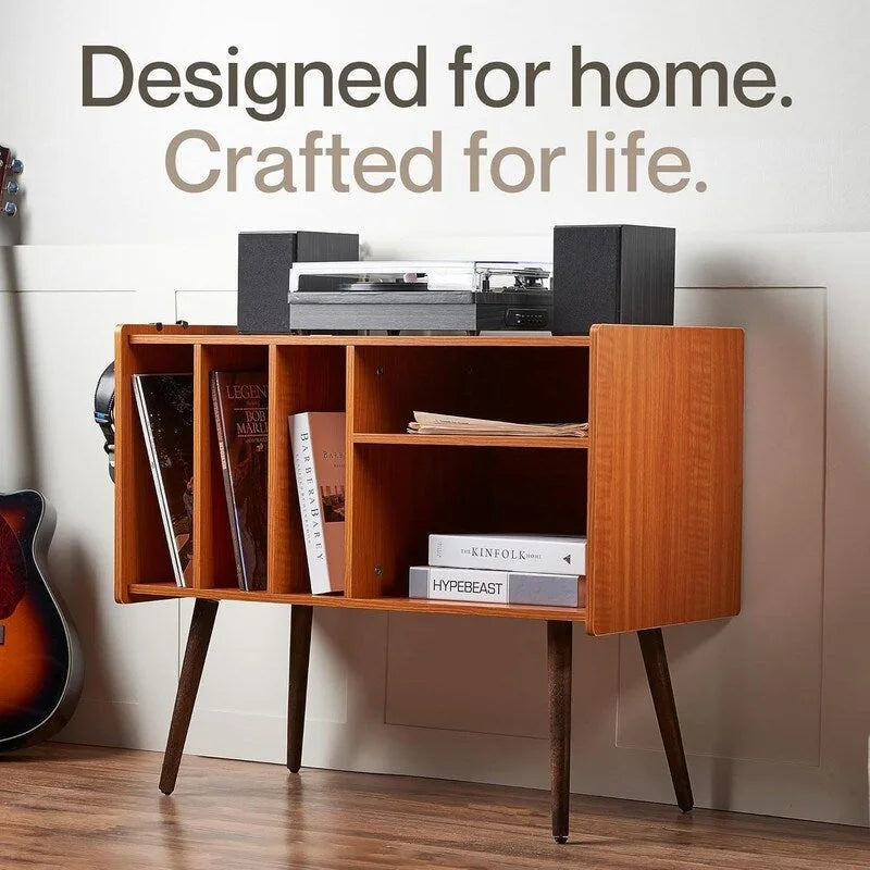 Vinyl Record Player Stand with Built-in Charging Station - Dimensions: 31D x 26W x 15H 18