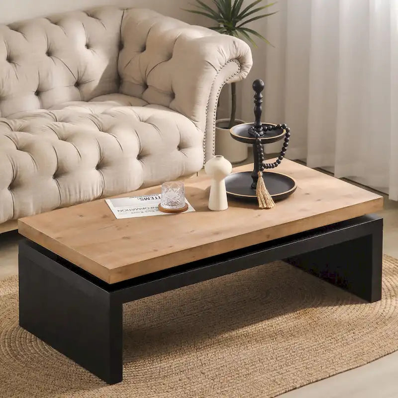 Versatile 2-Tier Coffee Table in Black and Natural Wood for Living Room 1