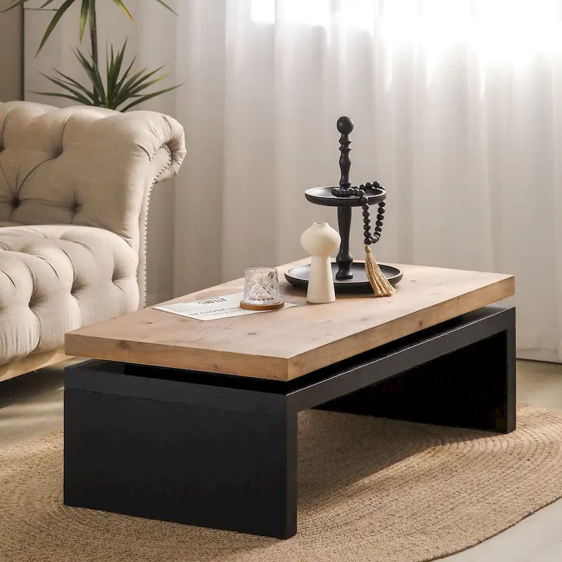 Versatile 2-Tier Coffee Table in Black and Natural Wood for Living Room 2