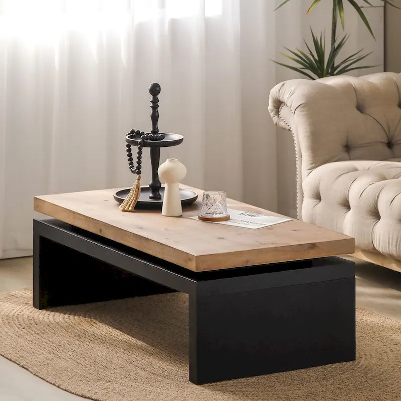 Versatile 2-Tier Coffee Table in Black and Natural Wood for Living Room 3