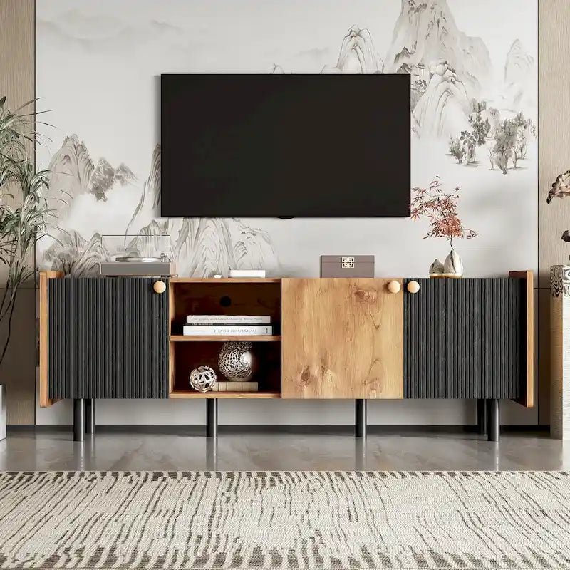 Mid-Century Modern TV Stand with 3 Cabinets - Media Console for TVs up to 70 inches, Stylish Entertainment Center with Storage for Living Room 1