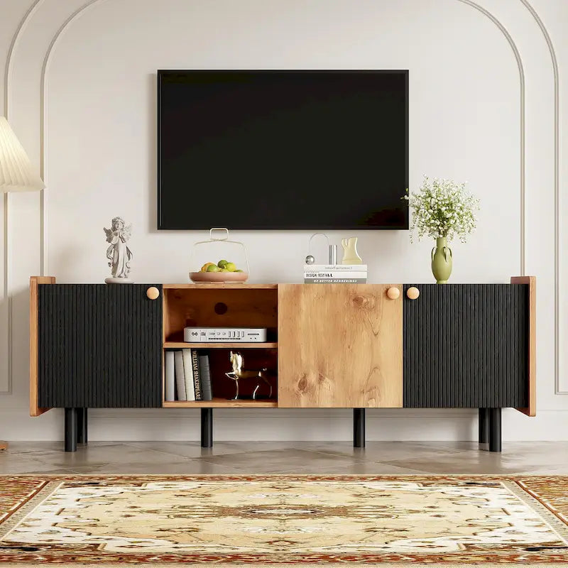 Mid-Century Modern TV Stand with 3 Cabinets - Media Console for TVs up to 70 inches, Stylish Entertainment Center with Storage for Living Room 2