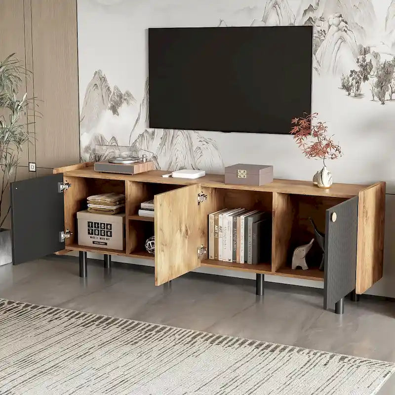 Mid-Century Modern TV Stand with 3 Cabinets - Media Console for TVs up to 70 inches, Stylish Entertainment Center with Storage for Living Room 3