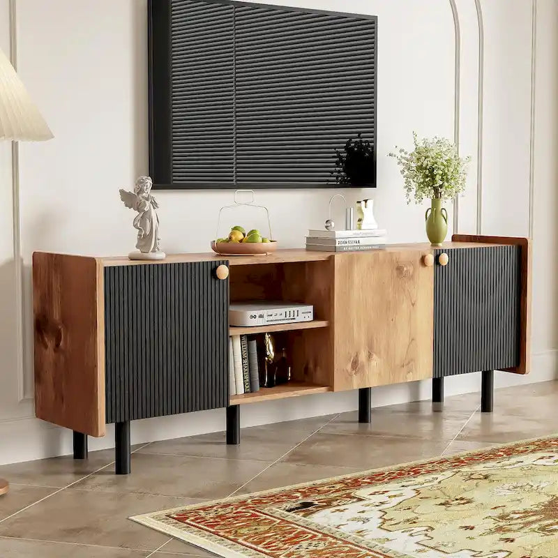 Mid-Century Modern TV Stand with 3 Cabinets - Media Console for TVs up to 70 inches, Stylish Entertainment Center with Storage for Living Room 4