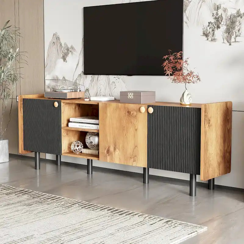 Mid-Century Modern TV Stand with 3 Cabinets - Media Console for TVs up to 70 inches, Stylish Entertainment Center with Storage for Living Room 5