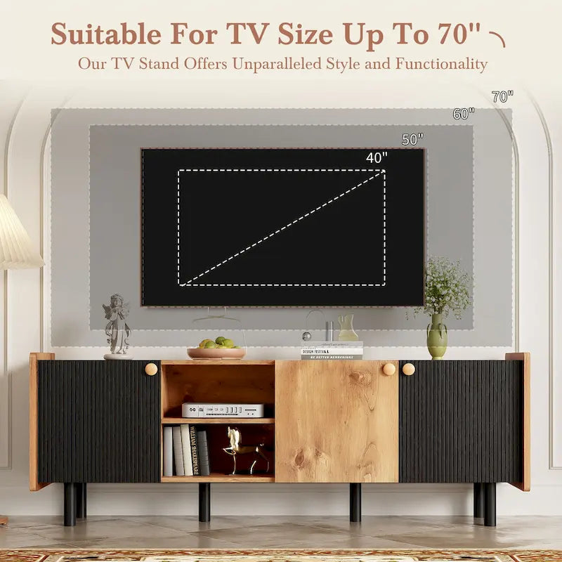Mid-Century Modern TV Stand with 3 Cabinets - Media Console for TVs up to 70 inches, Stylish Entertainment Center with Storage for Living Room 11