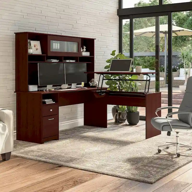 Bush Furniture 72W L-Shaped Sit-Stand Desk with Hutch - 3 Adjustable Positions 44