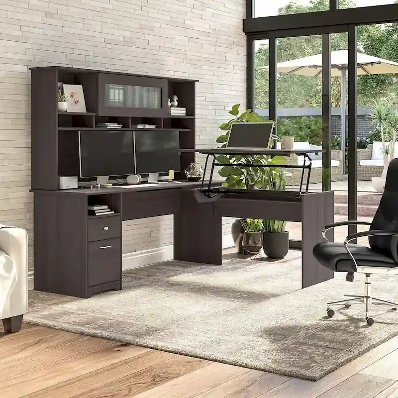 Bush Furniture 72W L-Shaped Sit-Stand Desk with Hutch - 3 Adjustable Positions 46