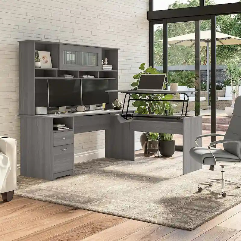 Bush Furniture 72W L-Shaped Sit-Stand Desk with Hutch - 3 Adjustable Positions 47