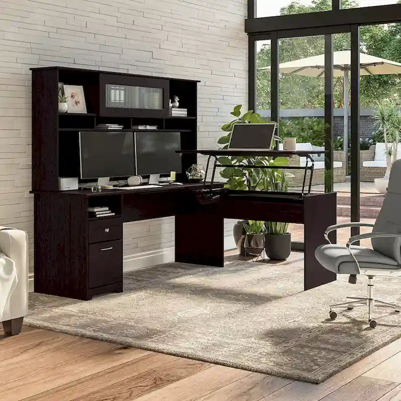 Bush Furniture 72W L-Shaped Sit-Stand Desk with Hutch - 3 Adjustable Positions 1