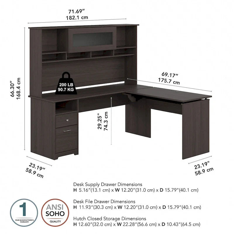 Bush Furniture 72W L-Shaped Sit-Stand Desk with Hutch - 3 Adjustable Positions 39