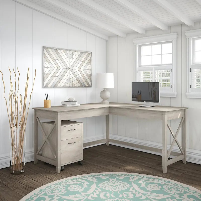Bush Furniture Key West 60-Inch L-Shaped Desk with Rolling File Cabinet 48