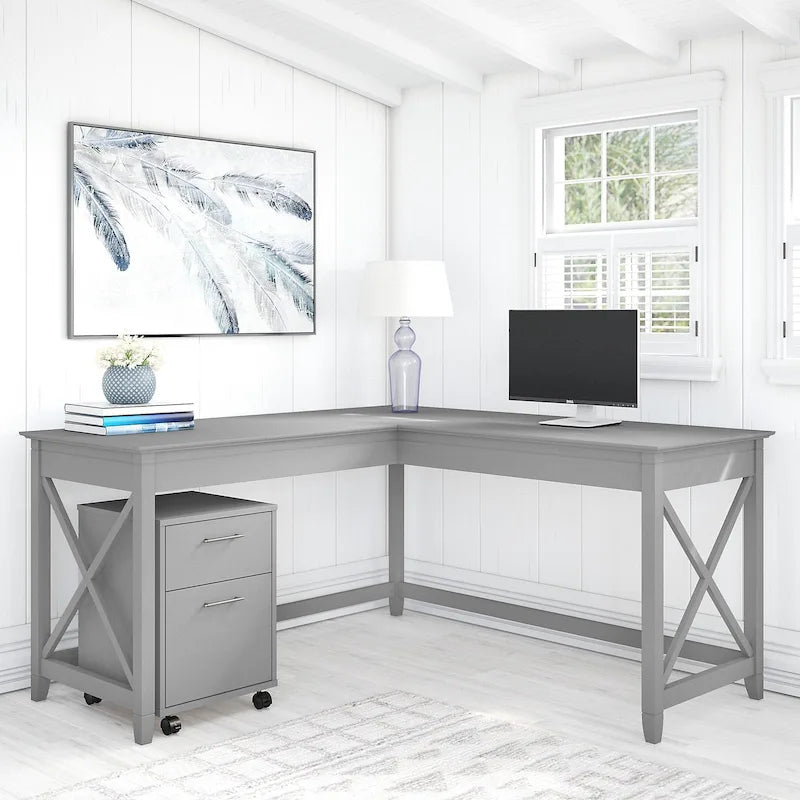 Bush Furniture Key West 60-Inch L-Shaped Desk with Rolling File Cabinet 50