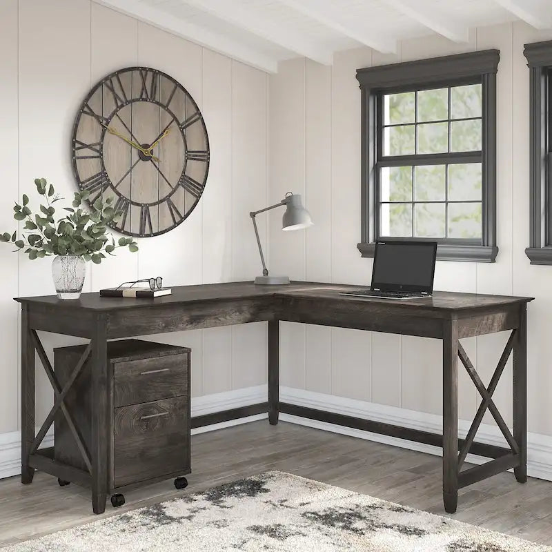 Bush Furniture Key West 60-Inch L-Shaped Desk with Rolling File Cabinet 51