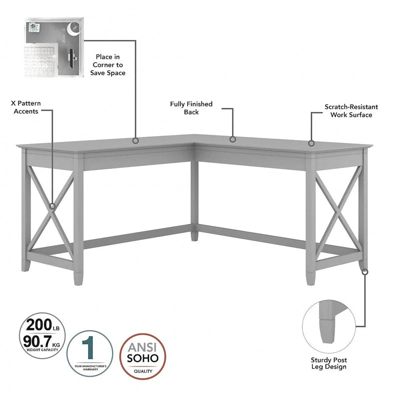 Bush Furniture Key West 60-Inch L-Shaped Desk with Rolling File Cabinet 9