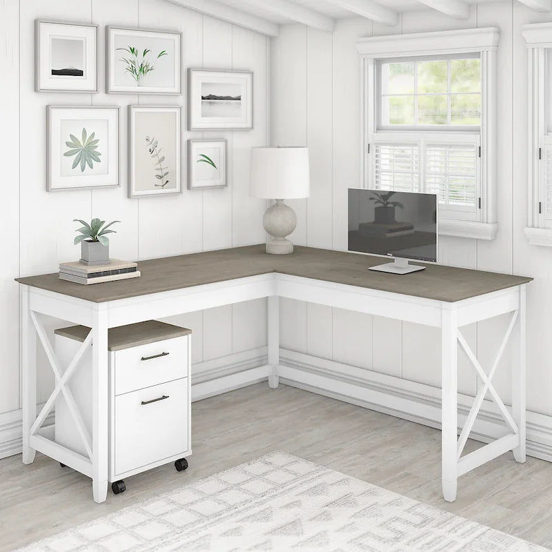 Bush Furniture Key West 60-Inch L-Shaped Desk with Rolling File Cabinet 40