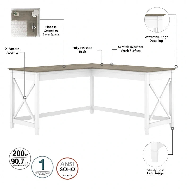 Bush Furniture Key West 60-Inch L-Shaped Desk with Rolling File Cabinet 42
