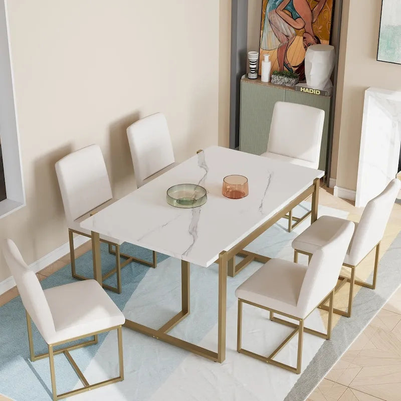 7-Piece Contemporary Faux Marble Dining Set with 6 Upholstered Chairs 1