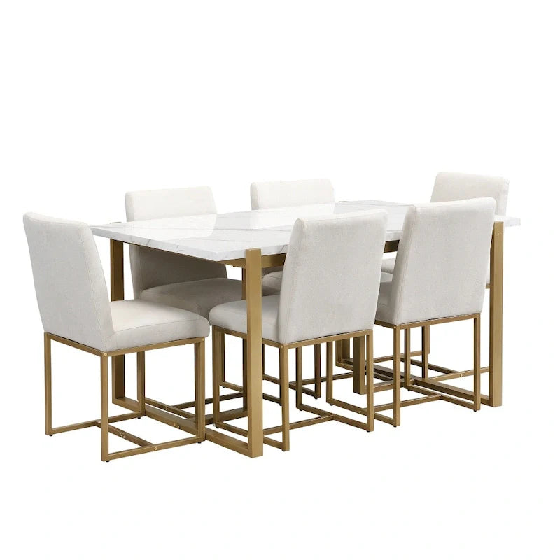7-Piece Contemporary Faux Marble Dining Set with 6 Upholstered Chairs 2