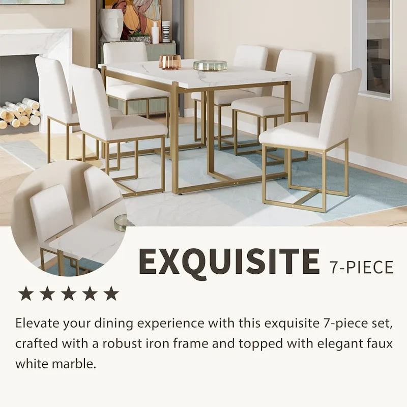 7-Piece Contemporary Faux Marble Dining Set with 6 Upholstered Chairs 4