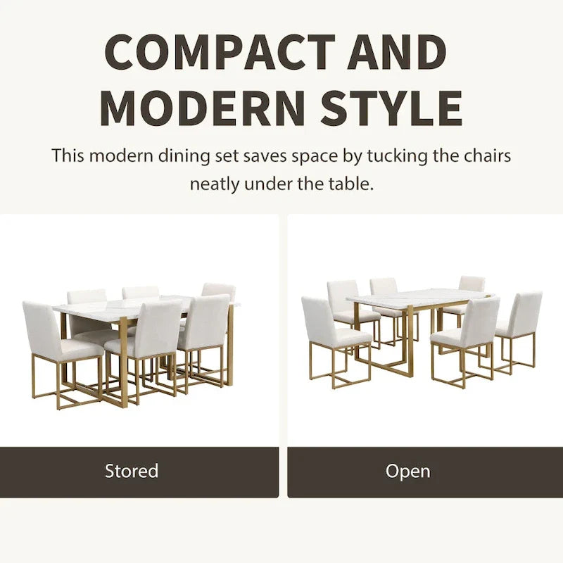 7-Piece Contemporary Faux Marble Dining Set with 6 Upholstered Chairs 5