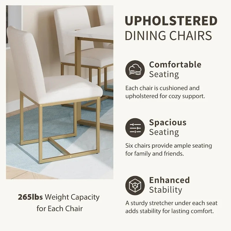7-Piece Contemporary Faux Marble Dining Set with 6 Upholstered Chairs 7