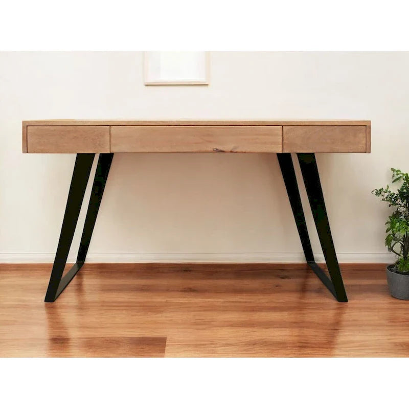 54-Inch Solid Wood Writing Desk in Natural and Black Mango Finish with Three Drawers 1