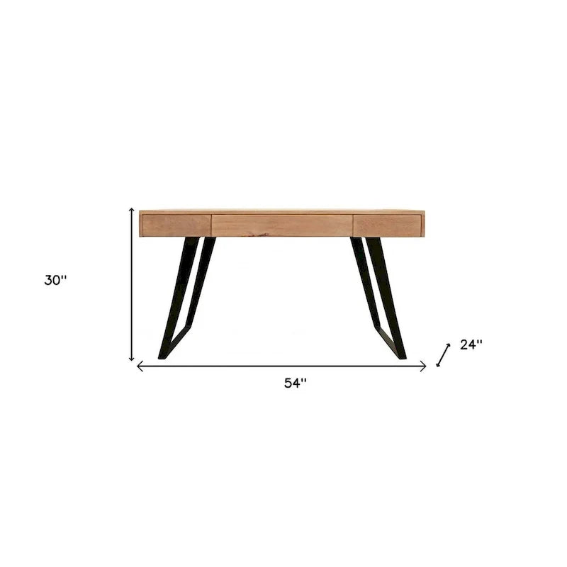 54-Inch Solid Wood Writing Desk in Natural and Black Mango Finish with Three Drawers 3