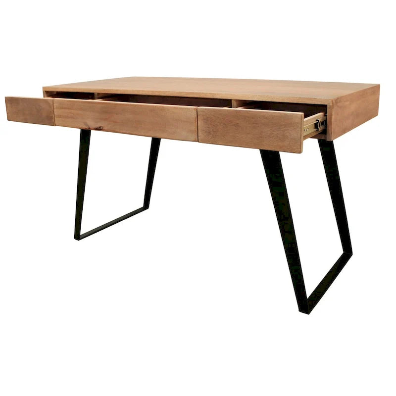 54-Inch Solid Wood Writing Desk in Natural and Black Mango Finish with Three Drawers 4