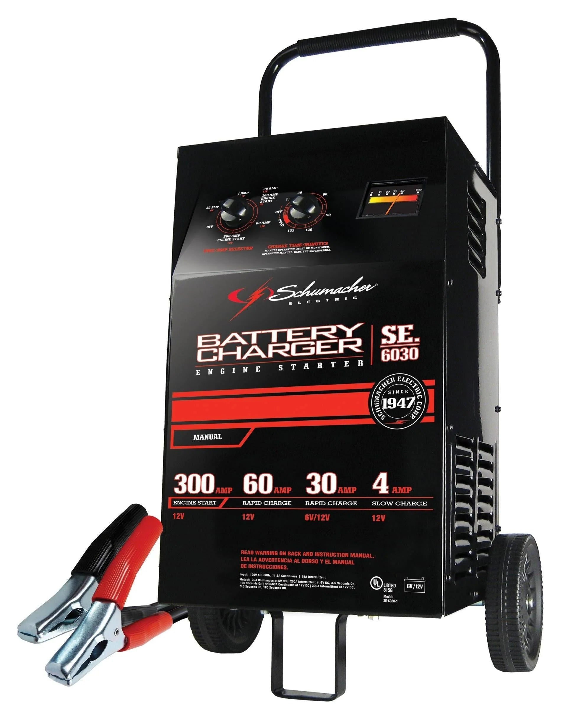 Schumacher Electric Wheeled Battery Charger and Engine Starter, SC1446, 2-in-1, manual timer control, 300 crank amps, 6 volts, 12 volts, for car, SUV, truck and Marine batteries 1