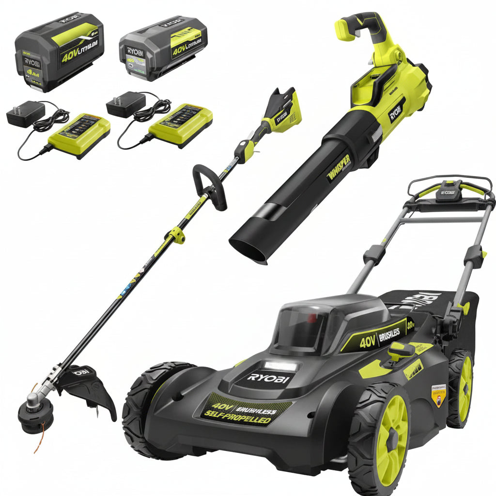 40V Brushless 20 in. Walk Behind Self Propelled Mower String Trimmer Leaf Blower with (2) Batteries and (2) Chargers 1