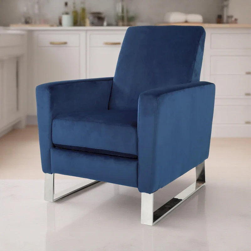 Reki Manual Push Back Recliner Chair - Blue Velvet with Stainless Steel Accents 1