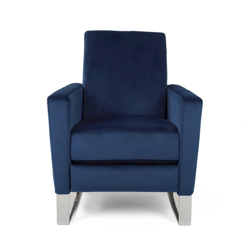 Reki Manual Push Back Recliner Chair - Blue Velvet with Stainless Steel Accents 3
