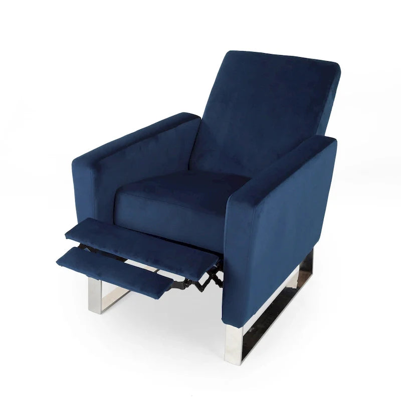 Reki Manual Push Back Recliner Chair - Blue Velvet with Stainless Steel Accents 4