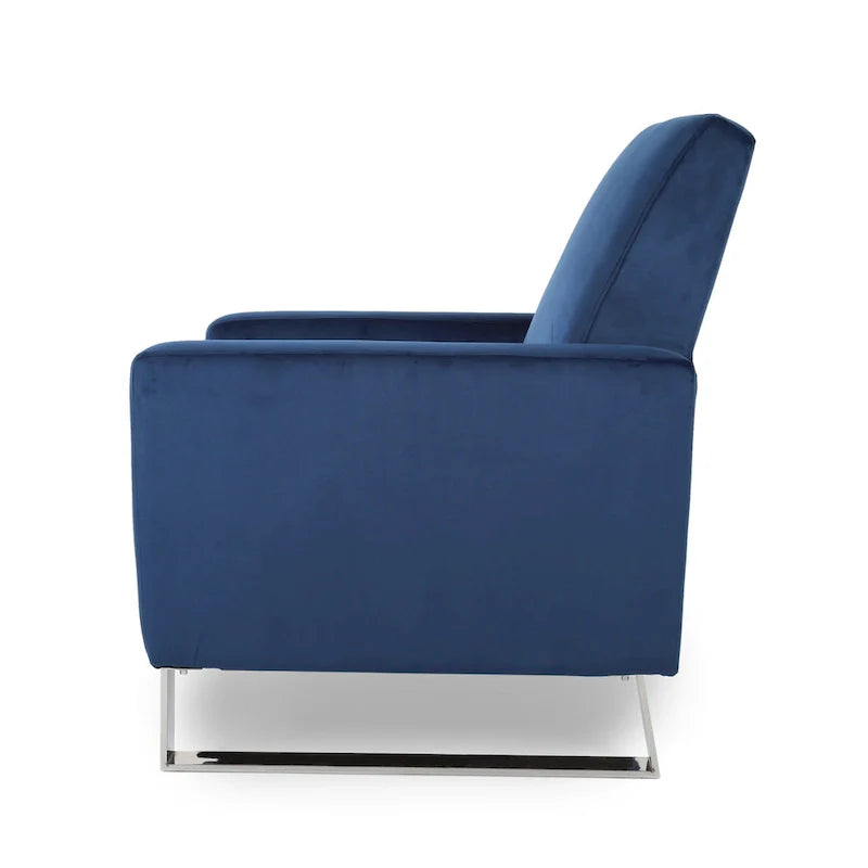 Reki Manual Push Back Recliner Chair - Blue Velvet with Stainless Steel Accents 5