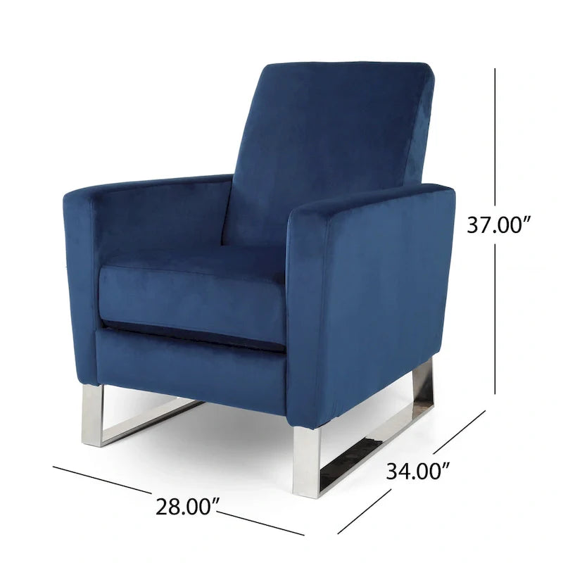 Reki Manual Push Back Recliner Chair - Blue Velvet with Stainless Steel Accents 6