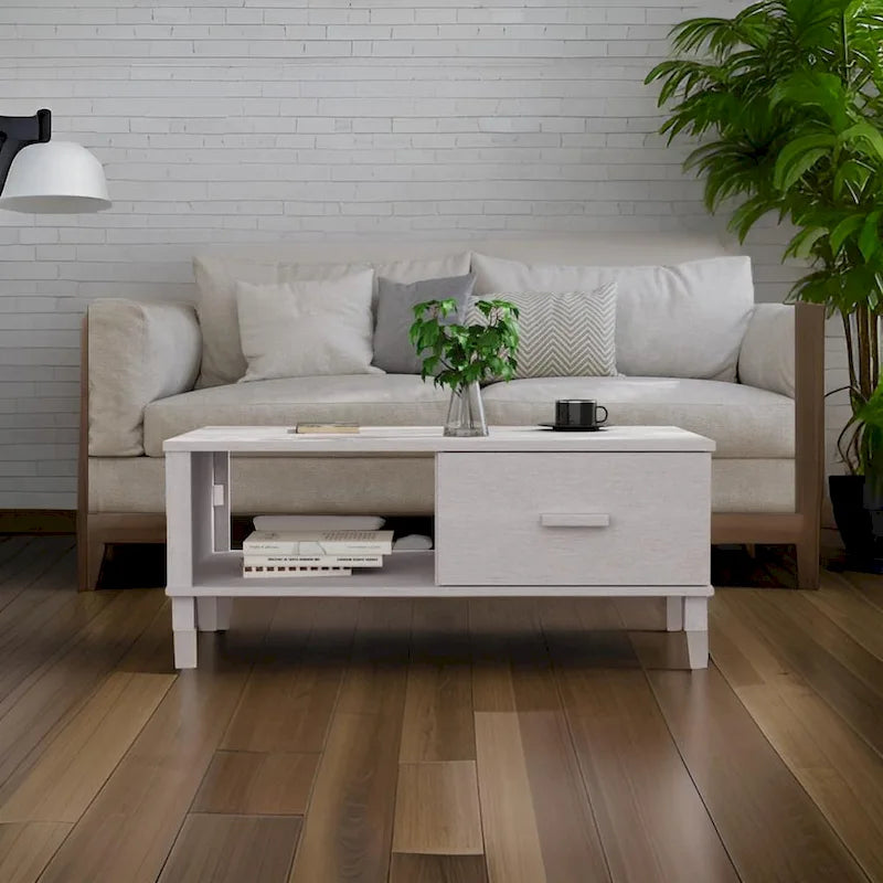 Rectangular White Solid Pine Wood Coffee Table with Storage Drawer 6
