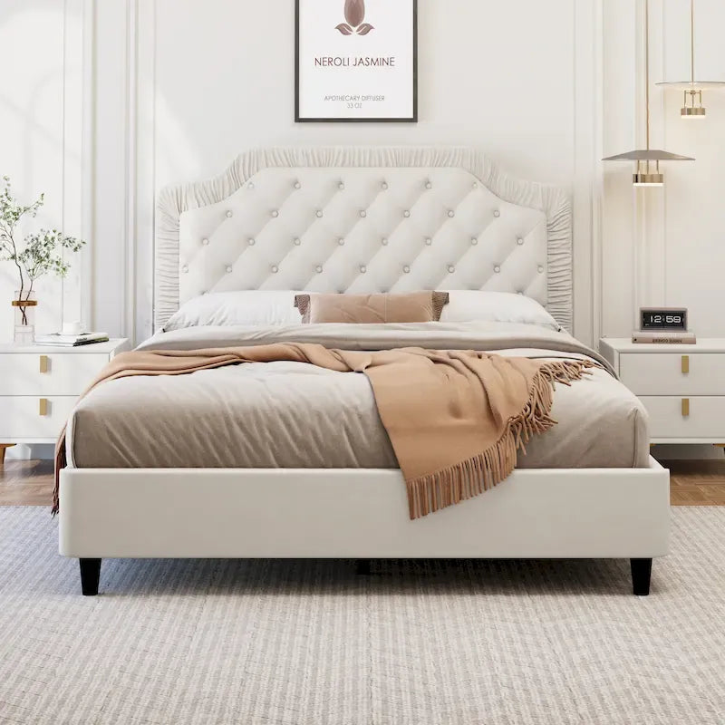 Contemporary Queen Upholstered Bed with Ruched Button-Tufted Headboard, Sturdy Wooden Frame and Metal Base – Box Spring Not Required 13