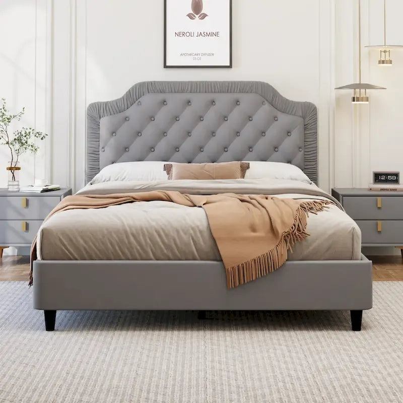 Contemporary Queen Upholstered Bed with Ruched Button-Tufted Headboard, Sturdy Wooden Frame and Metal Base – Box Spring Not Required 2