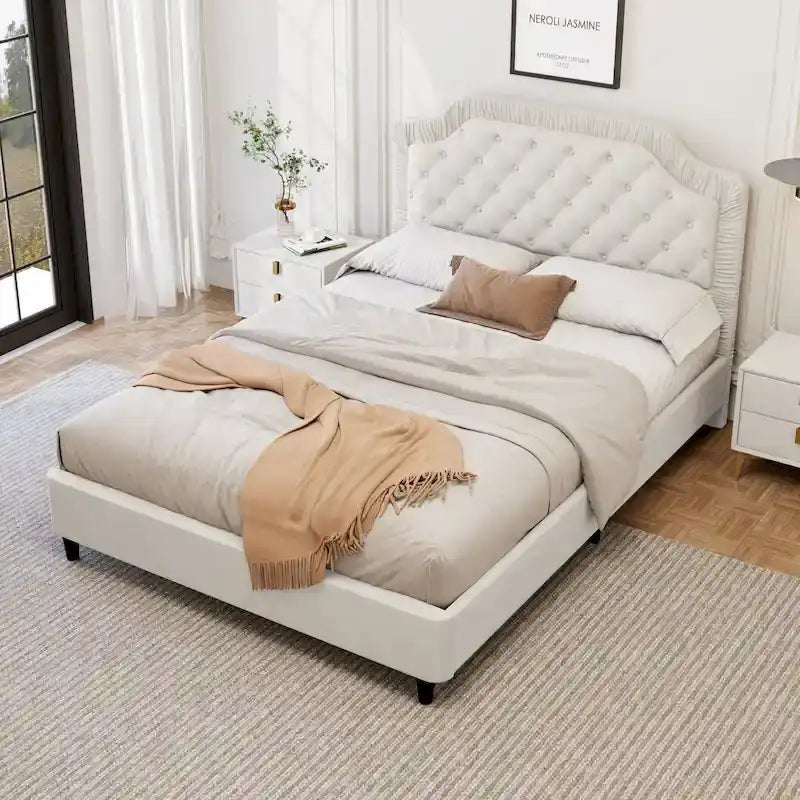 Contemporary Queen Upholstered Bed with Ruched Button-Tufted Headboard, Sturdy Wooden Frame and Metal Base – Box Spring Not Required 3