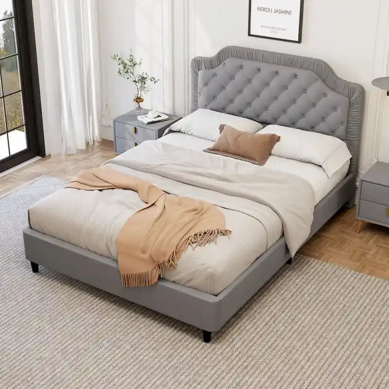 Contemporary Queen Upholstered Bed with Ruched Button-Tufted Headboard, Sturdy Wooden Frame and Metal Base – Box Spring Not Required 4