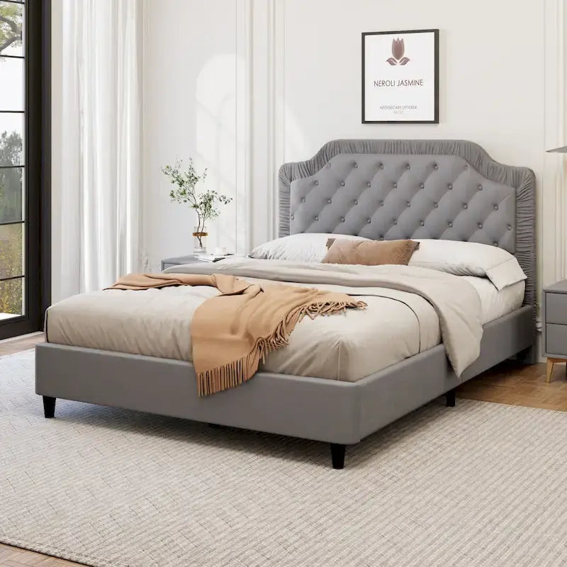 Contemporary Queen Upholstered Bed with Ruched Button-Tufted Headboard, Sturdy Wooden Frame and Metal Base – Box Spring Not Required 5