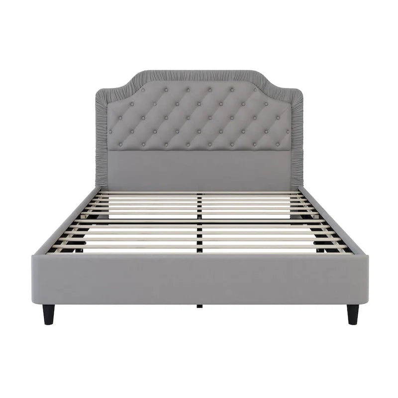 Contemporary Queen Upholstered Bed with Ruched Button-Tufted Headboard, Sturdy Wooden Frame and Metal Base – Box Spring Not Required 6