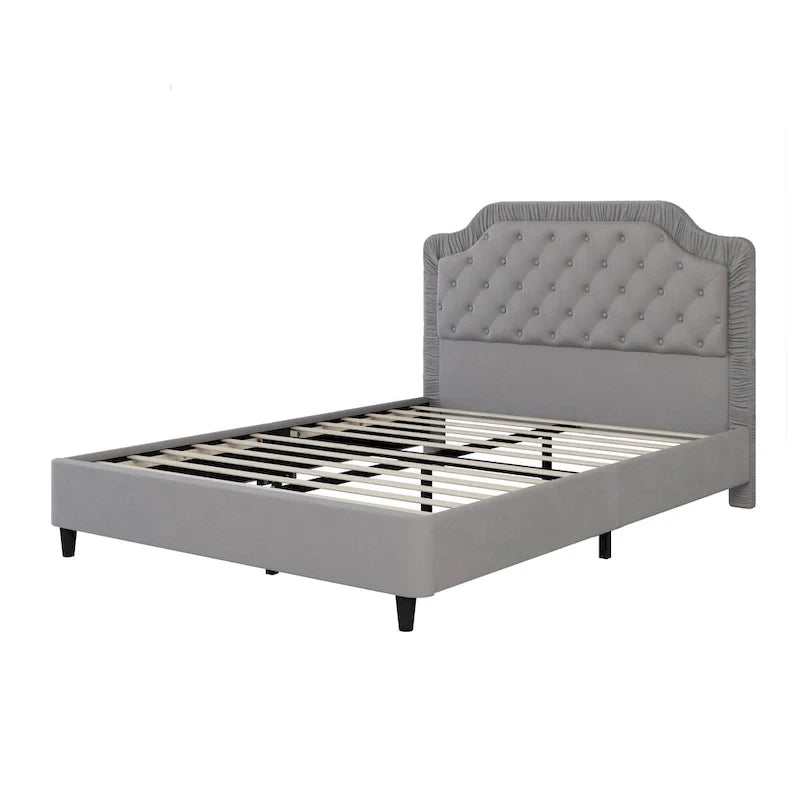Contemporary Queen Upholstered Bed with Ruched Button-Tufted Headboard, Sturdy Wooden Frame and Metal Base – Box Spring Not Required 7