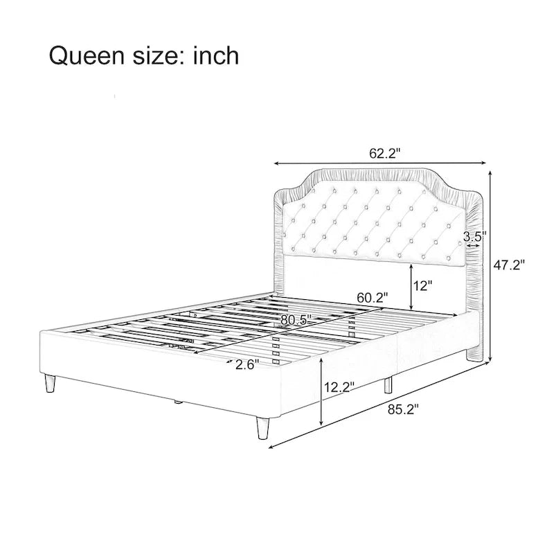 Contemporary Queen Upholstered Bed with Ruched Button-Tufted Headboard, Sturdy Wooden Frame and Metal Base – Box Spring Not Required 8
