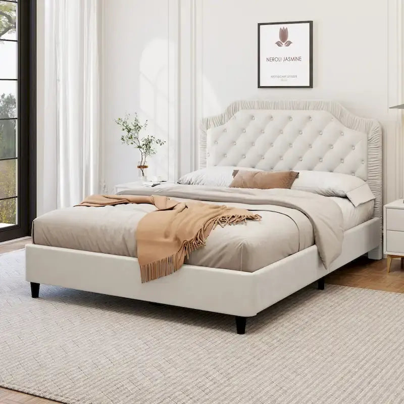 Contemporary Queen Upholstered Bed with Ruched Button-Tufted Headboard, Sturdy Wooden Frame and Metal Base – Box Spring Not Required 9