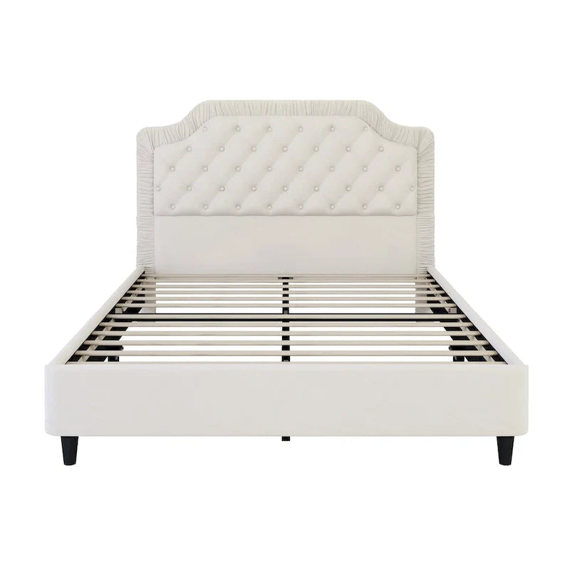 Contemporary Queen Upholstered Bed with Ruched Button-Tufted Headboard, Sturdy Wooden Frame and Metal Base – Box Spring Not Required 10