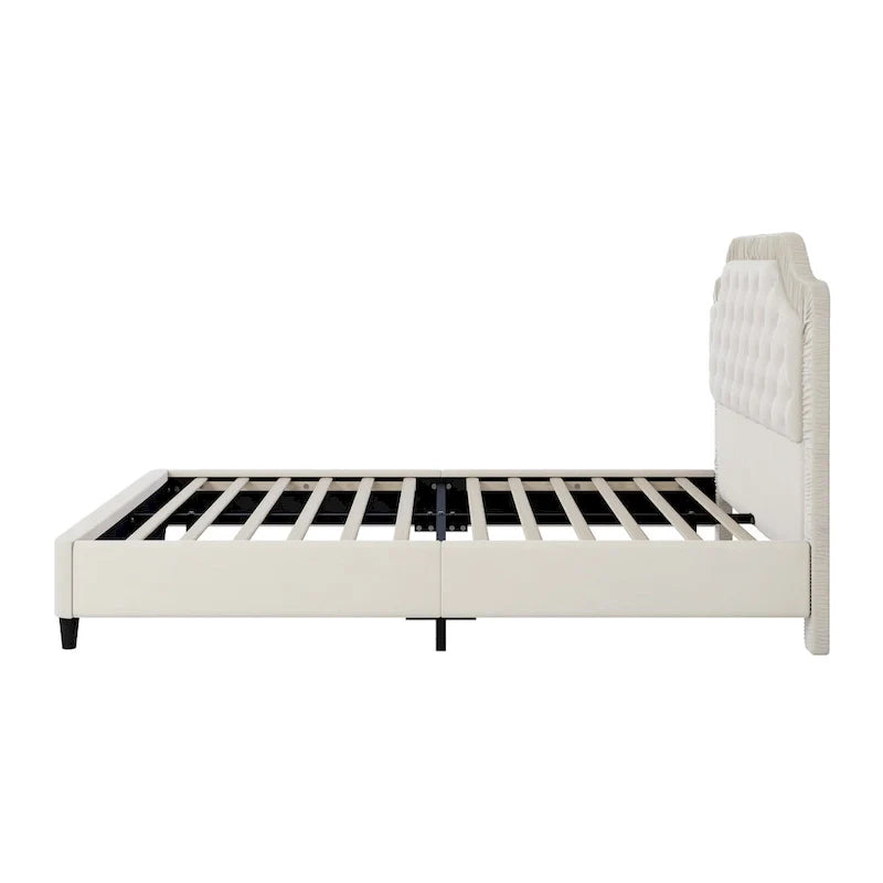 Contemporary Queen Upholstered Bed with Ruched Button-Tufted Headboard, Sturdy Wooden Frame and Metal Base – Box Spring Not Required 11